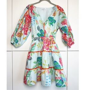 BTFL-life Tropical Print Dress Sleeves Blue Multicolor Bow Size XS